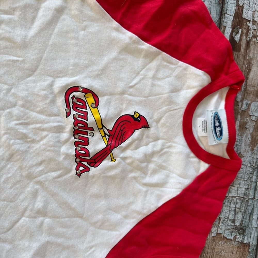 Women's Red and White Short Sleeve X Cardinals Tee w Rhinestones - Picture 2 of 4